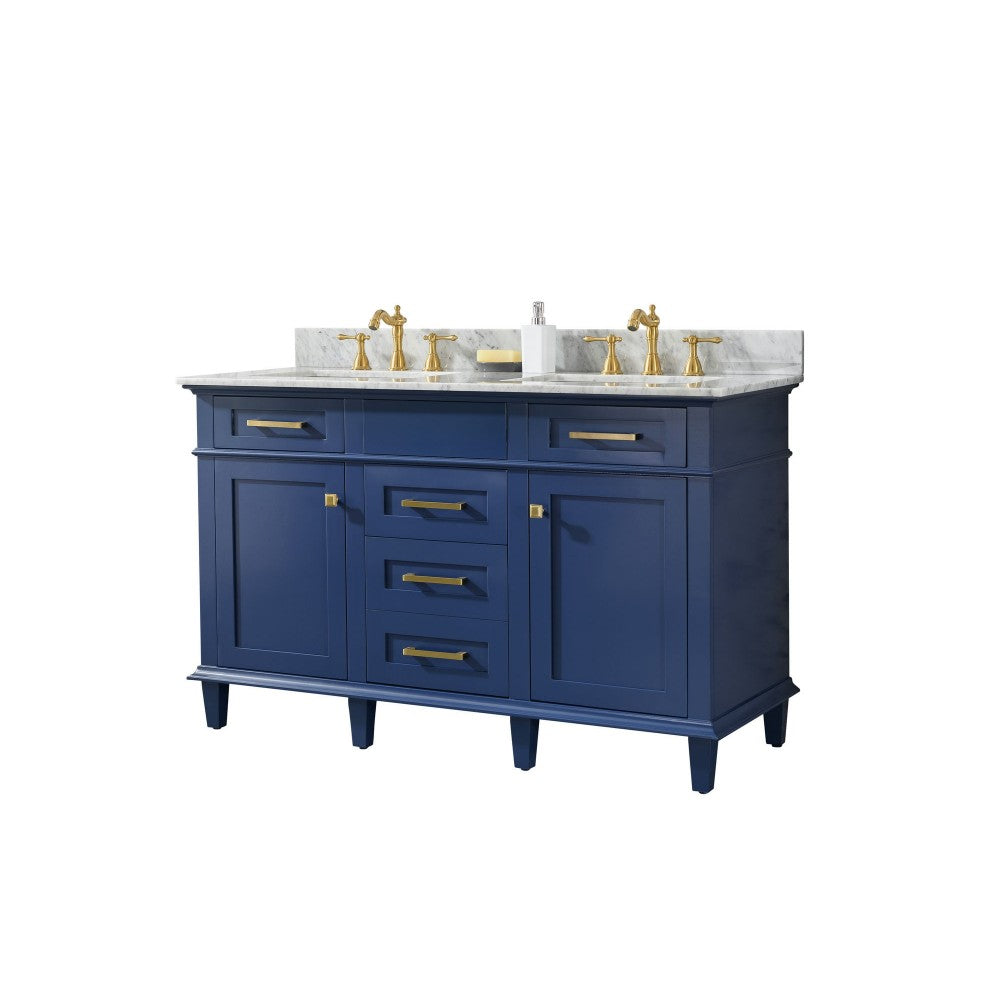 54" Blue Finish Double Sink Vanity Cabinet With Carrara White Top
