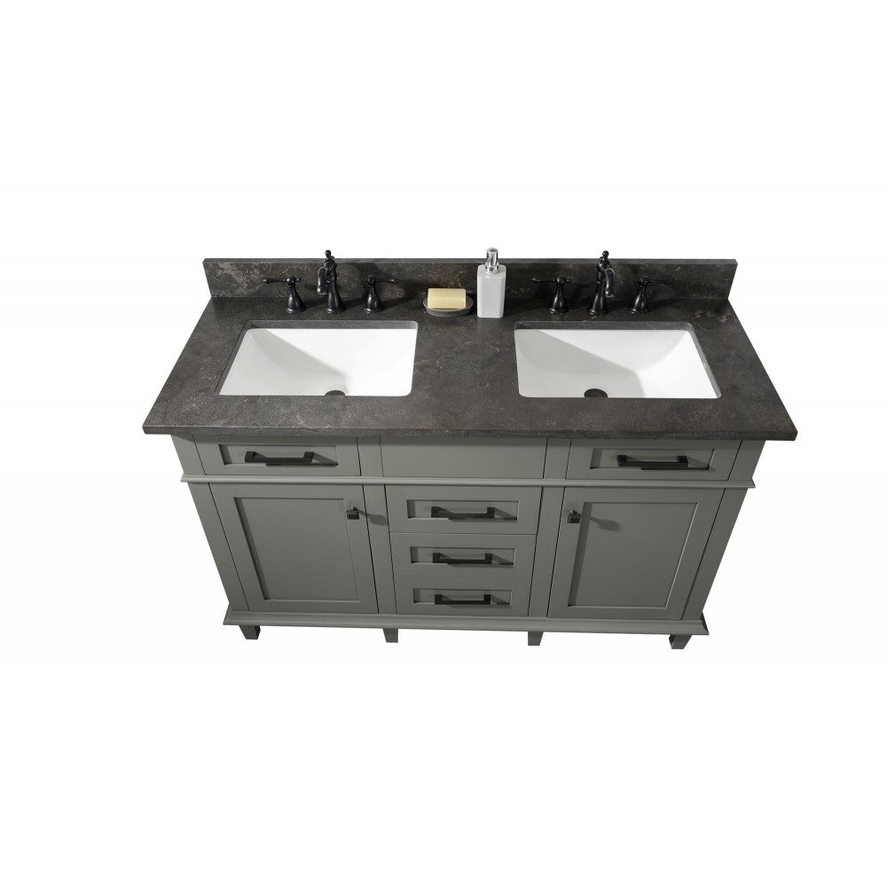 54" Pewter Green Finish Double Sink Vanity Cabinet With Blue Lime Stone Top