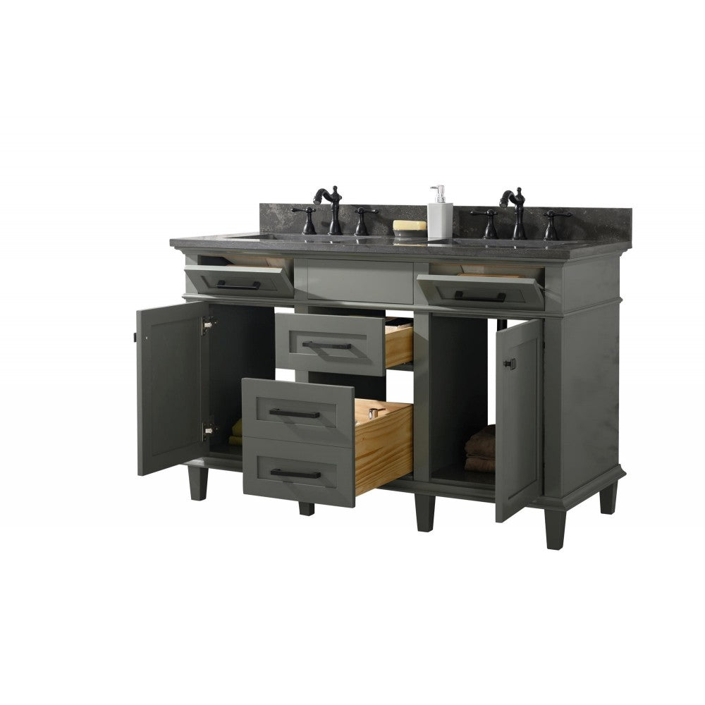 54" Pewter Green Finish Double Sink Vanity Cabinet With Blue Lime Stone Top