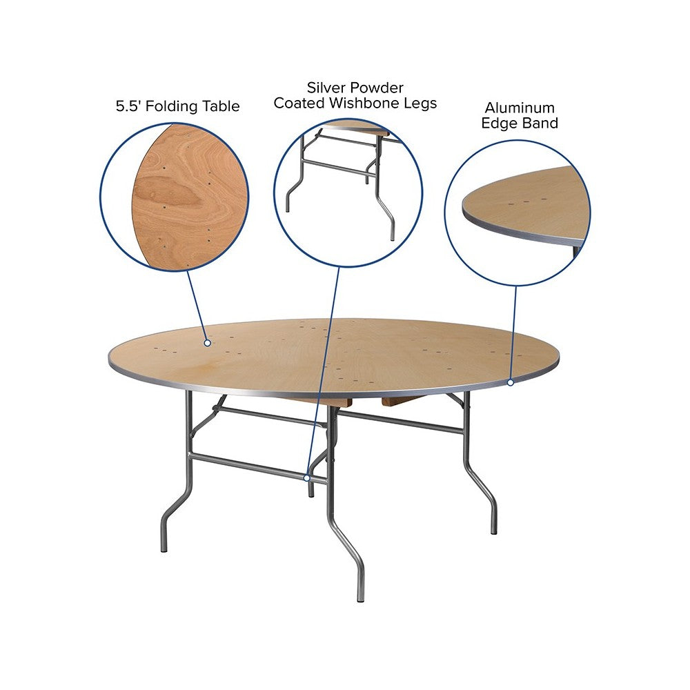 5.5-Foot Round HEAVY DUTY Birchwood Folding Banquet Table with METAL Edges