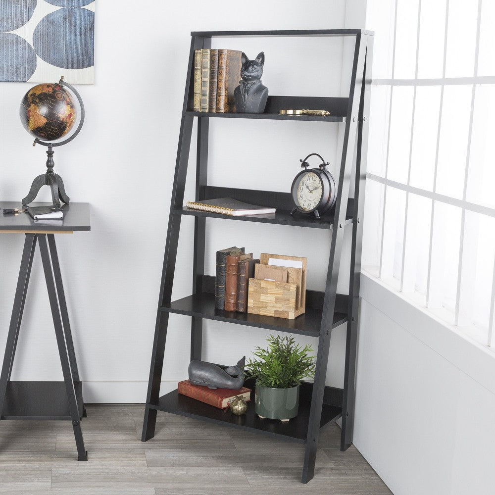 55" Modern Wood Ladder Bookshelf - Black
