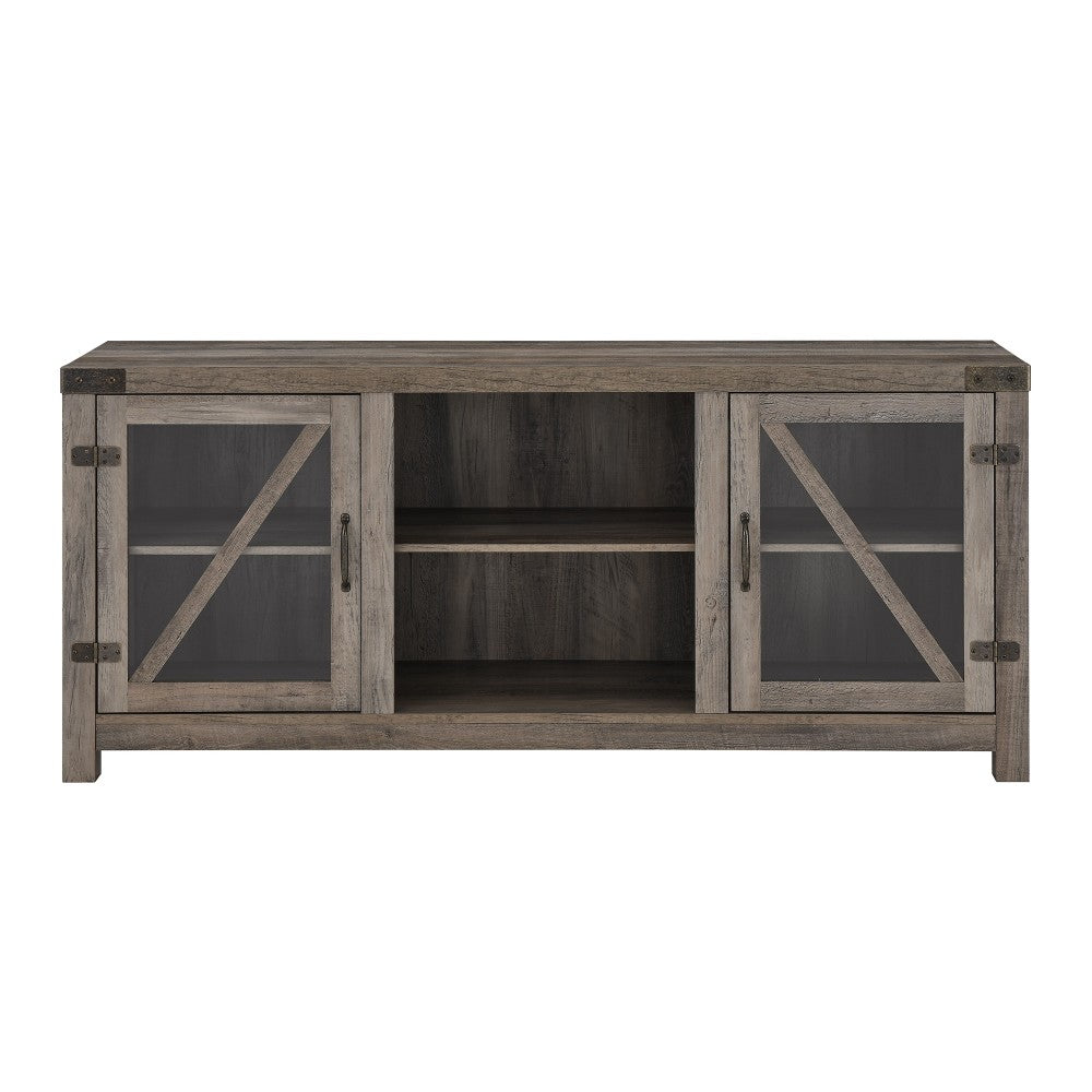 58" Glass Barn Door Farmhouse TV Stand Console - Gray Wash