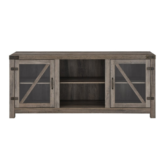 58" Glass Barn Door Farmhouse TV Stand Console - Gray Wash