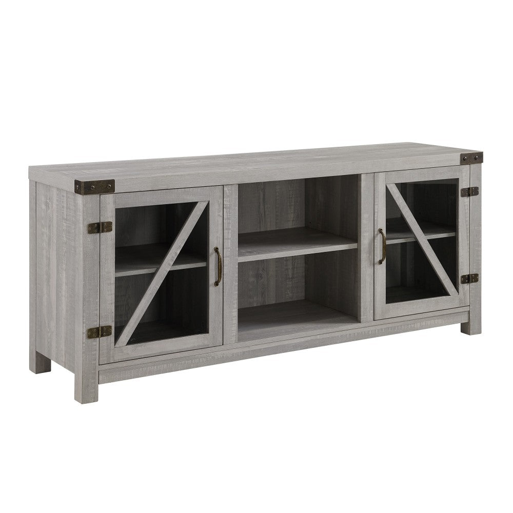 58" Glass Barn Door Farmhouse TV Stand Console - Stone Gray