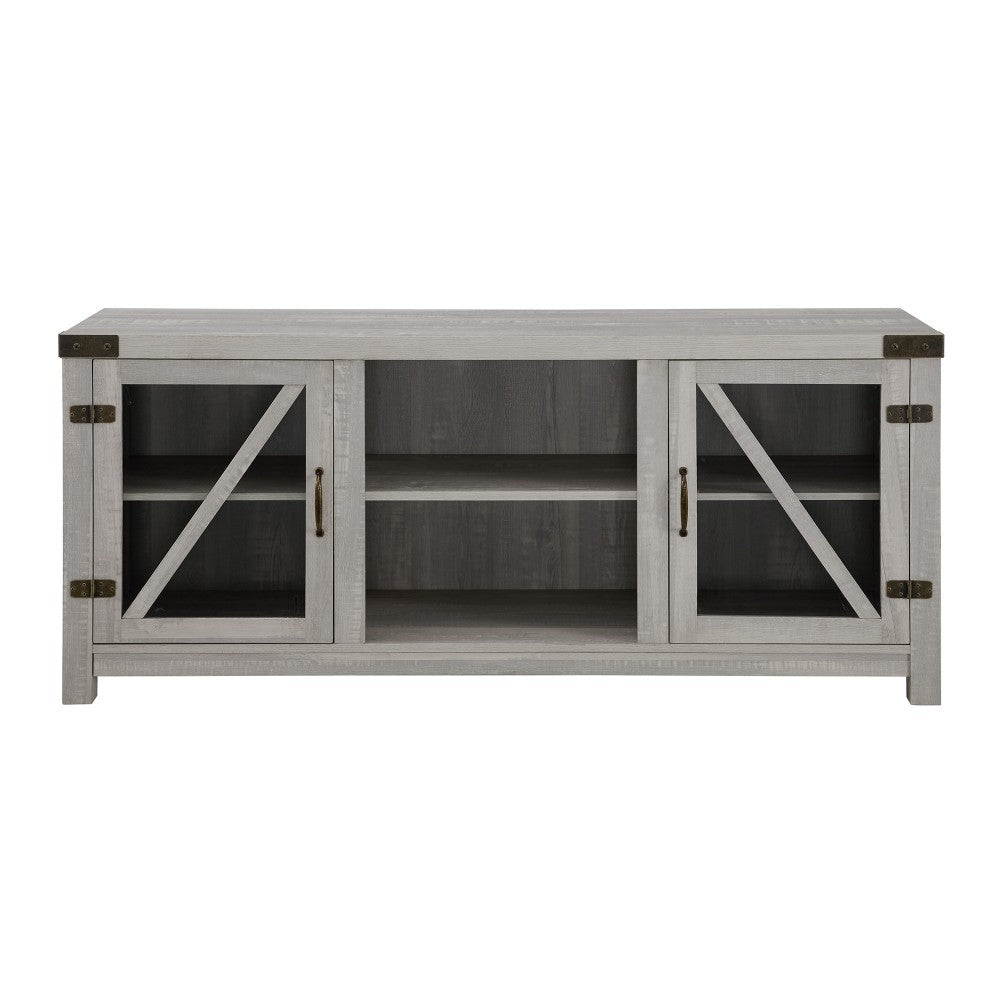 58" Glass Barn Door Farmhouse TV Stand Console - Stone Gray