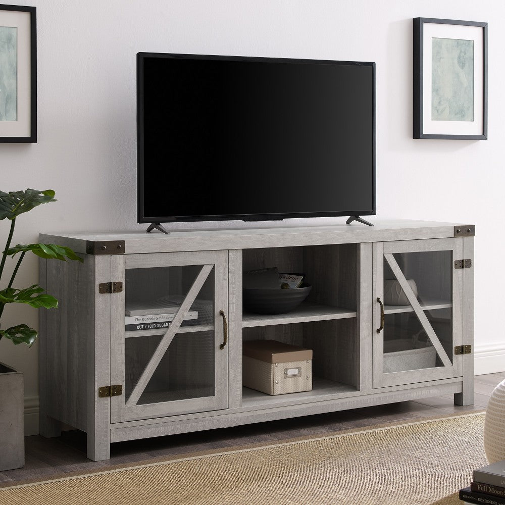 58" Glass Barn Door Farmhouse TV Stand Console - Stone Gray