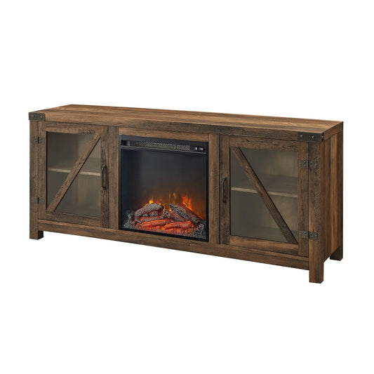 58" Glass Barn Door Fireplace Console - Rustic Oak