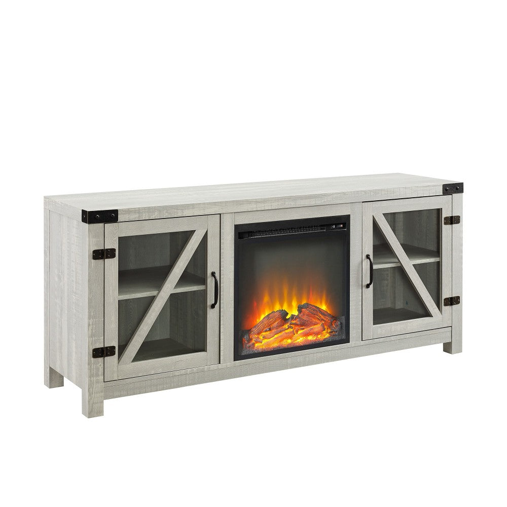 58" Glass Barn Door Fireplace Console - Stone Gray