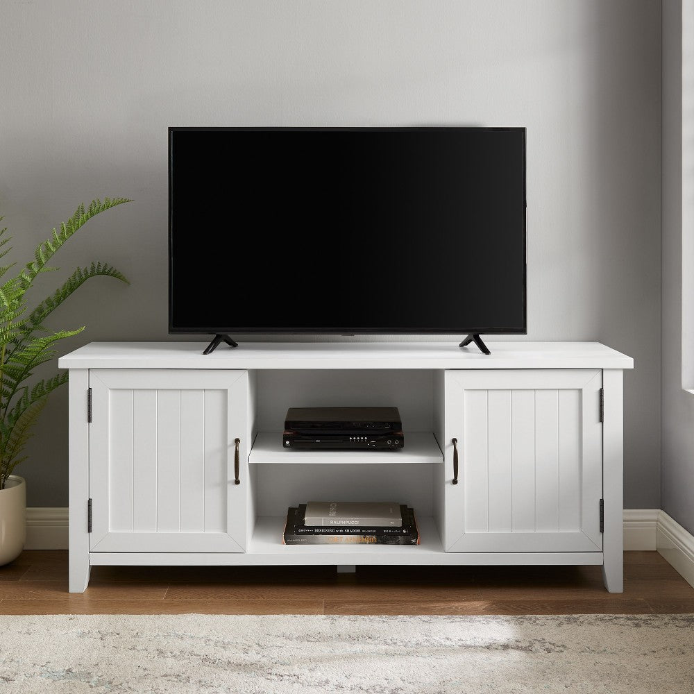 58" Modern Farmhouse Grooved 2 Door TV Stand - Solid White