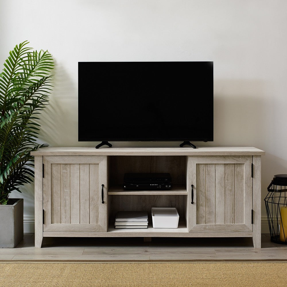 58" Modern Farmhouse Grooved 2 Door TV Stand - White Oak