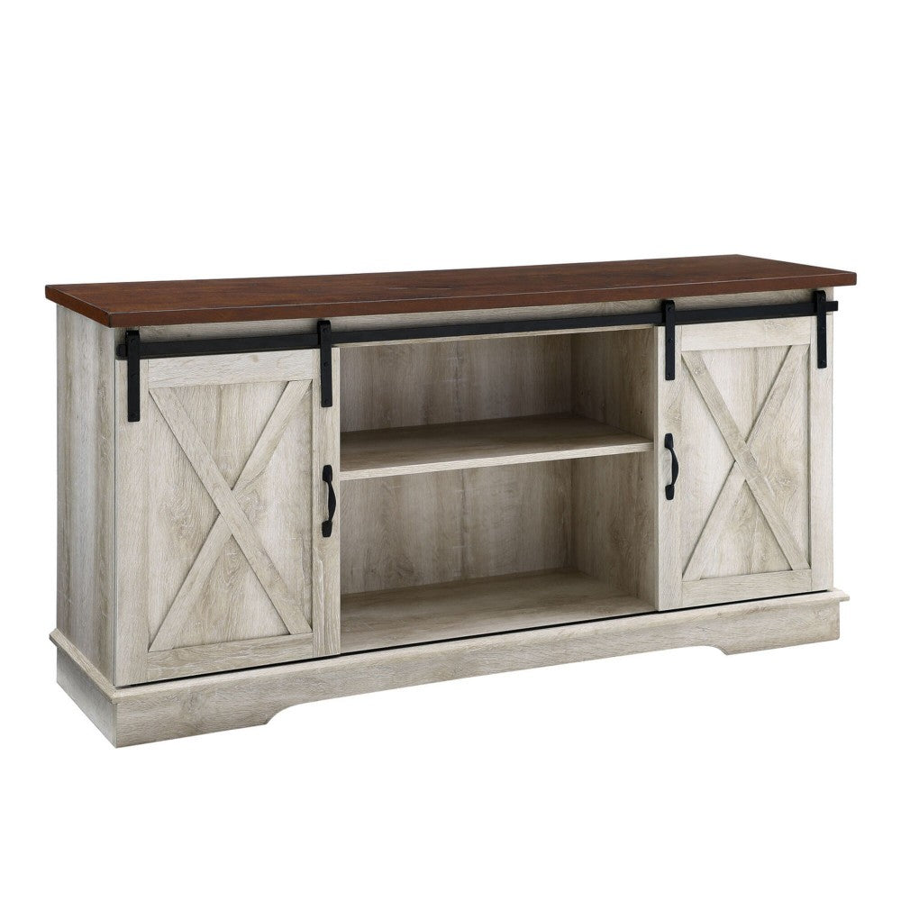 58 Sliding Barn Door Modern Farmhouse Wood TV Stand- White Oak/Traditional Brown