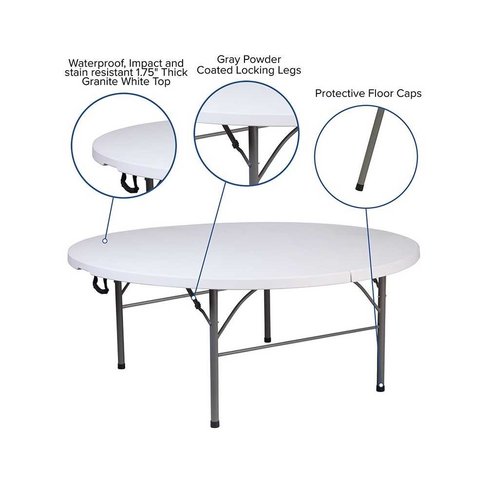 5.89-Foot Round Bi-Fold Granite White Plastic Banquet and Event Folding Table with Carrying Handle