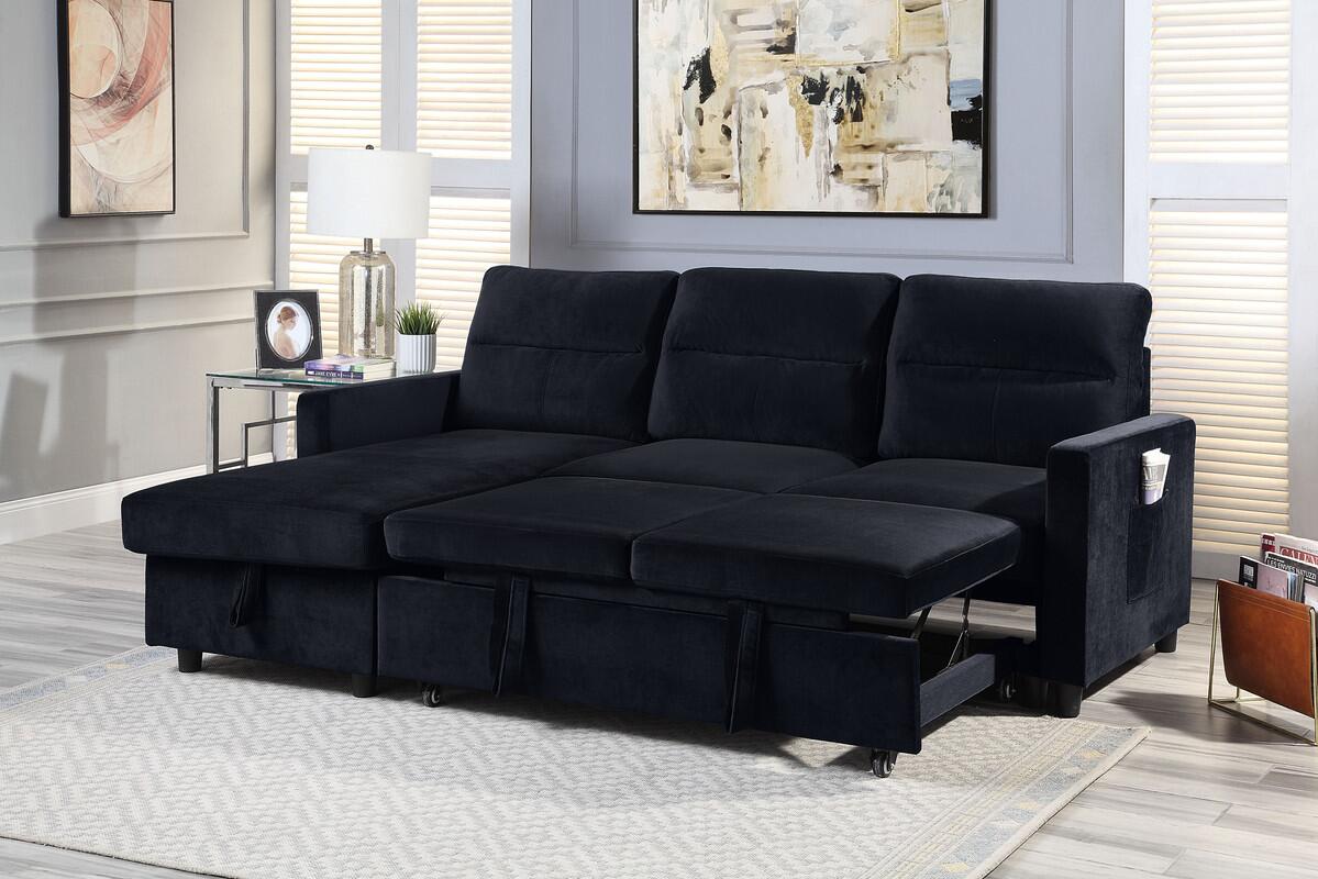 Lilola Home Ivy Black Velvet Reversible Sleeper Sectional Sofa with Storage Chaise and Side Pocket