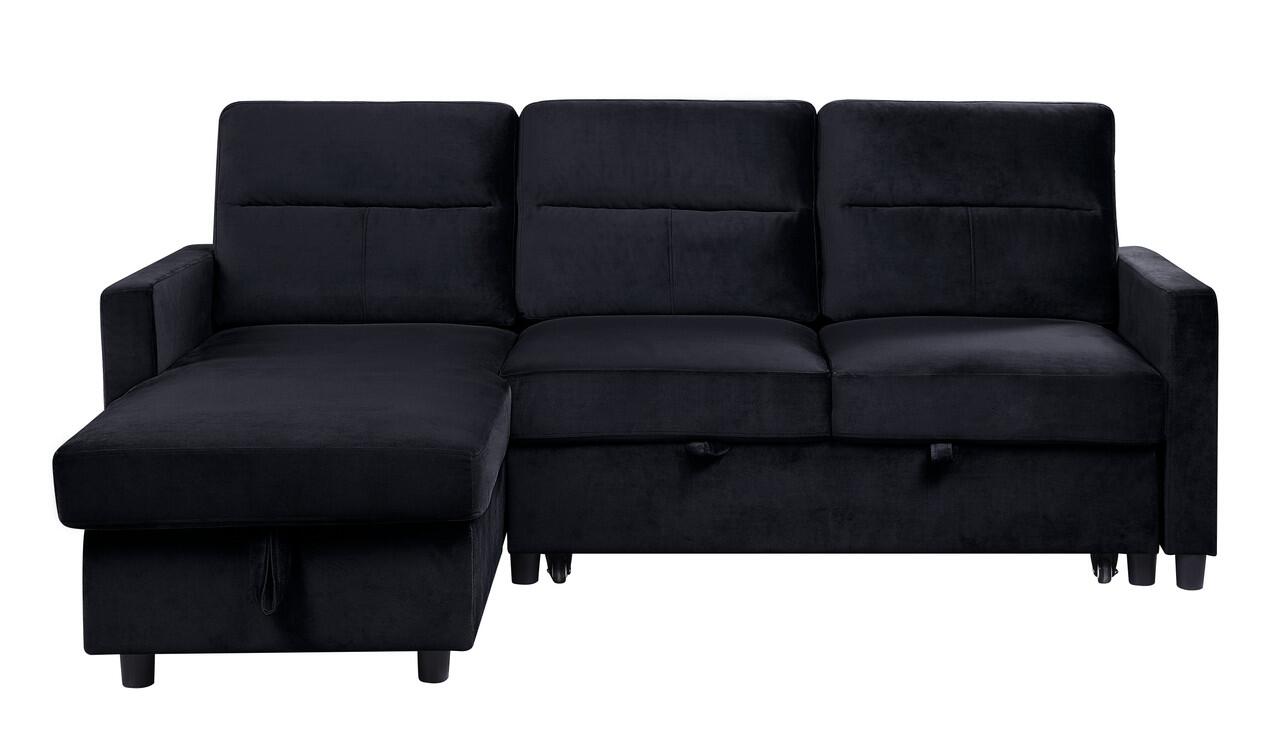 Lilola Home Ivy Black Velvet Reversible Sleeper Sectional Sofa with Storage Chaise and Side Pocket