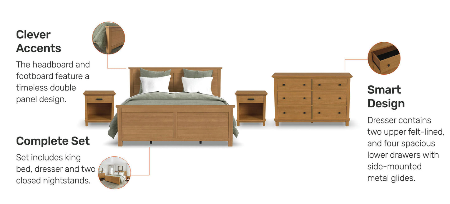 Oak Park King Bed, Two Nightstands and Dresser by homestyles -Brown