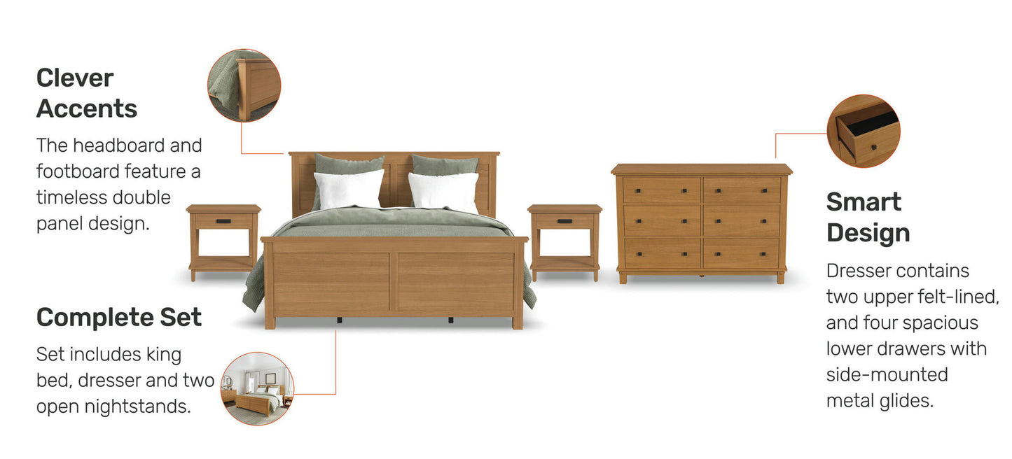 Oak Park King Bed, Two Nightstands and Dresser in Brown by homestyles