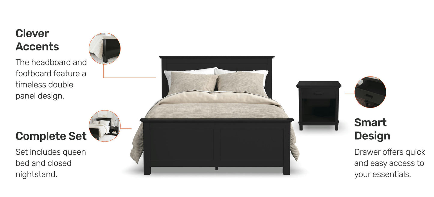 Oak Park Queen Bed and Nightstand in Black by homestyles