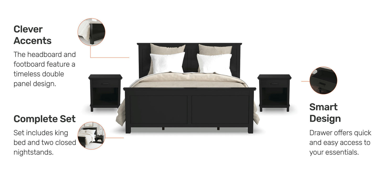 Oak Park King Bed and Two Nightstands by homestyles -Black