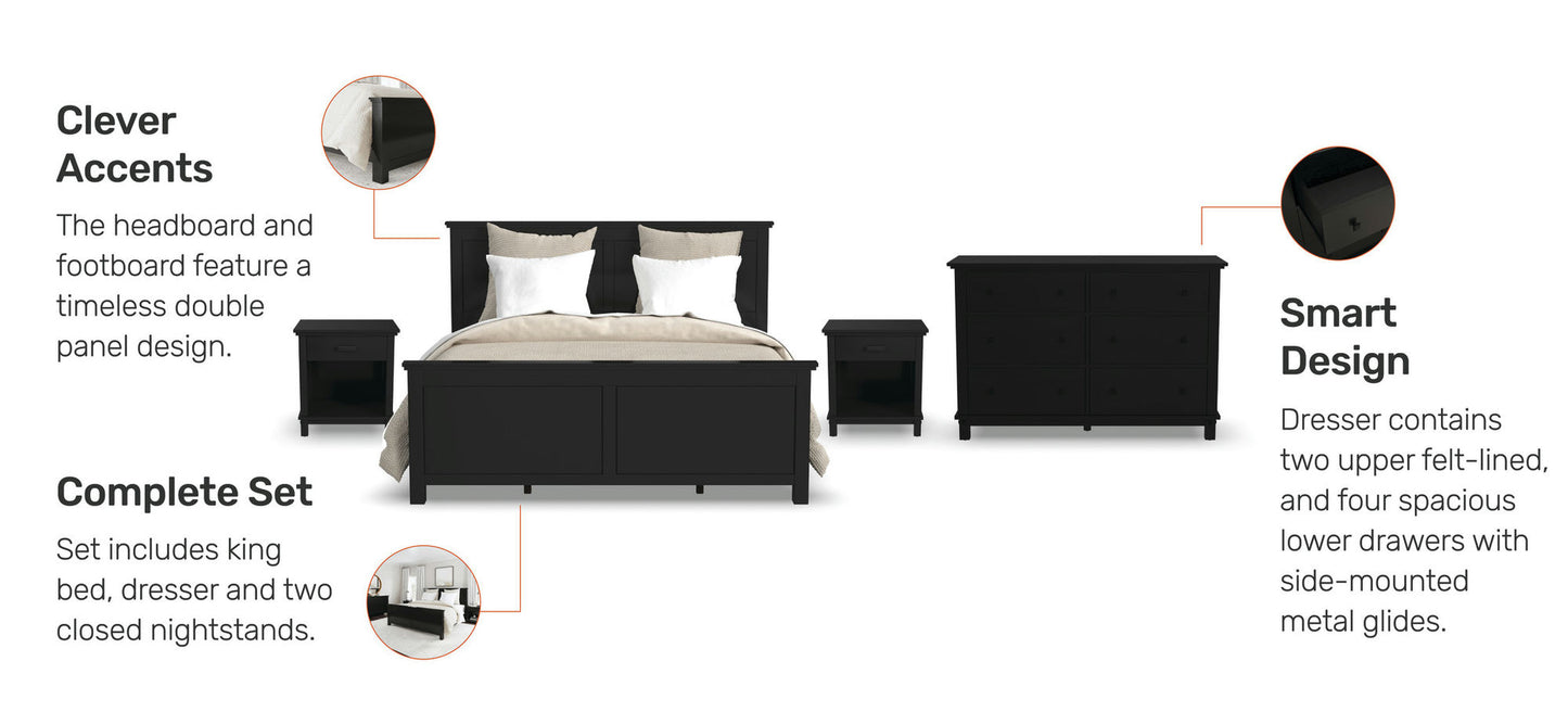 Oak Park King Bed, Two Nightstands and Dresser in Black by homestyles