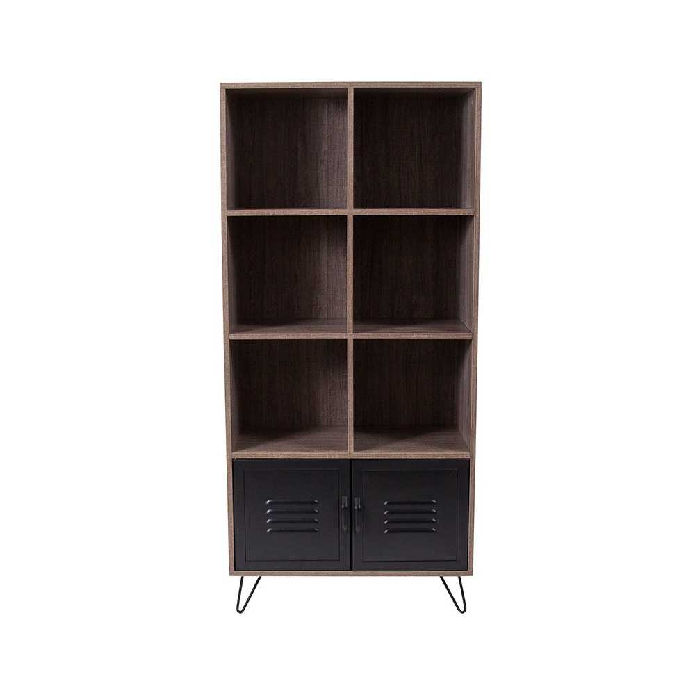 59.25"H 6 Cube Storage Organizer Bookcase with Metal Cabinet Doors and Metal Legs in Rustic Wood Grain Finish