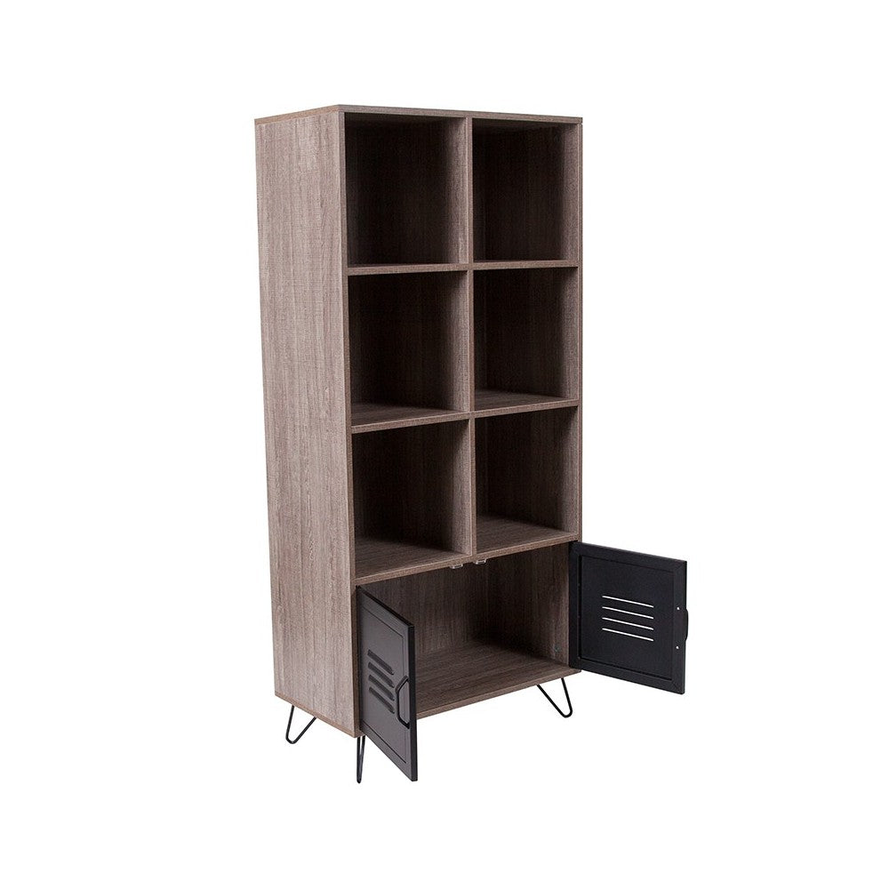 59.25"H 6 Cube Storage Organizer Bookcase with Metal Cabinet Doors and Metal Legs in Rustic Wood Grain Finish