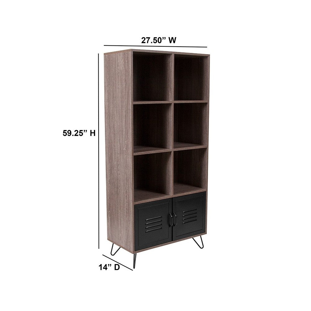 59.25"H 6 Cube Storage Organizer Bookcase with Metal Cabinet Doors and Metal Legs in Rustic Wood Grain Finish