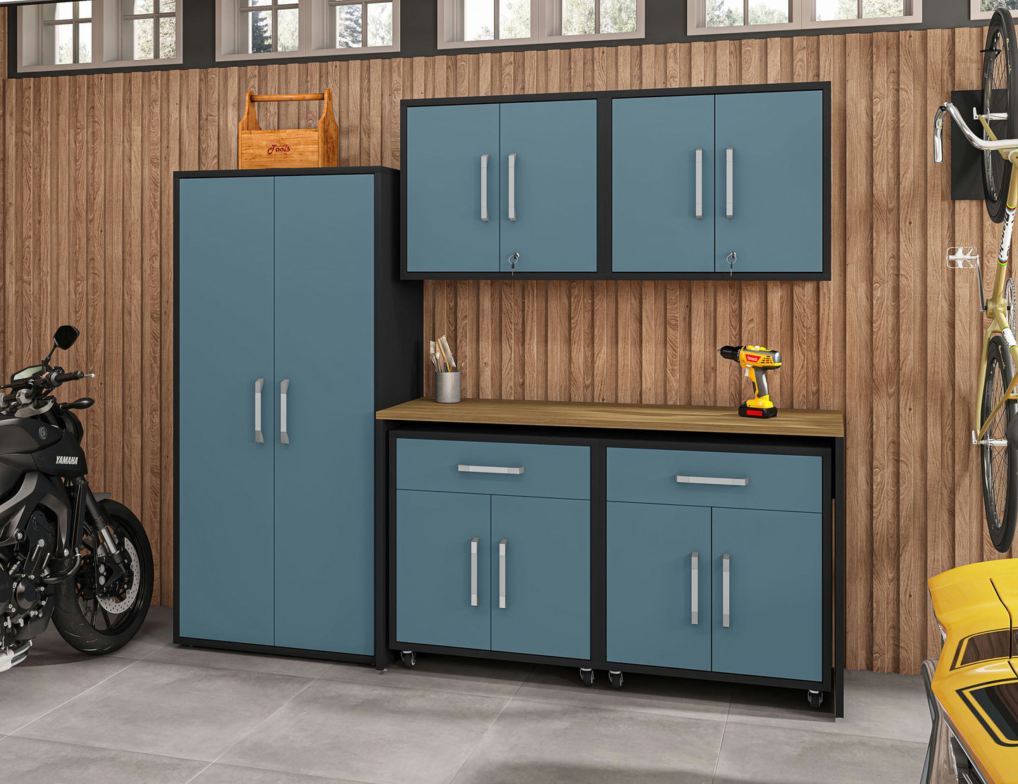 Eiffel 6-Piece Garage Storage Set in Matte Black and Aqua Blue