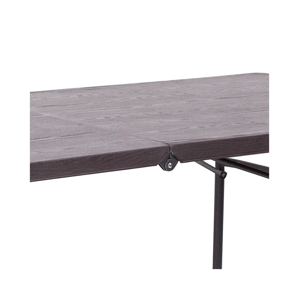 6-Foot Bi-Fold Brown Wood Grain Plastic Folding Table with Carrying Handle