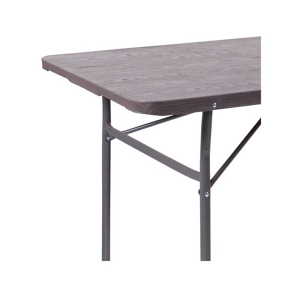 6-Foot Bi-Fold Brown Wood Grain Plastic Folding Table with Carrying Handle