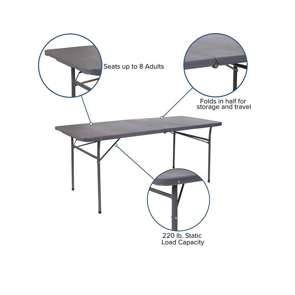 6-Foot Bi-Fold Dark Gray Plastic Folding Table with Carrying Handle