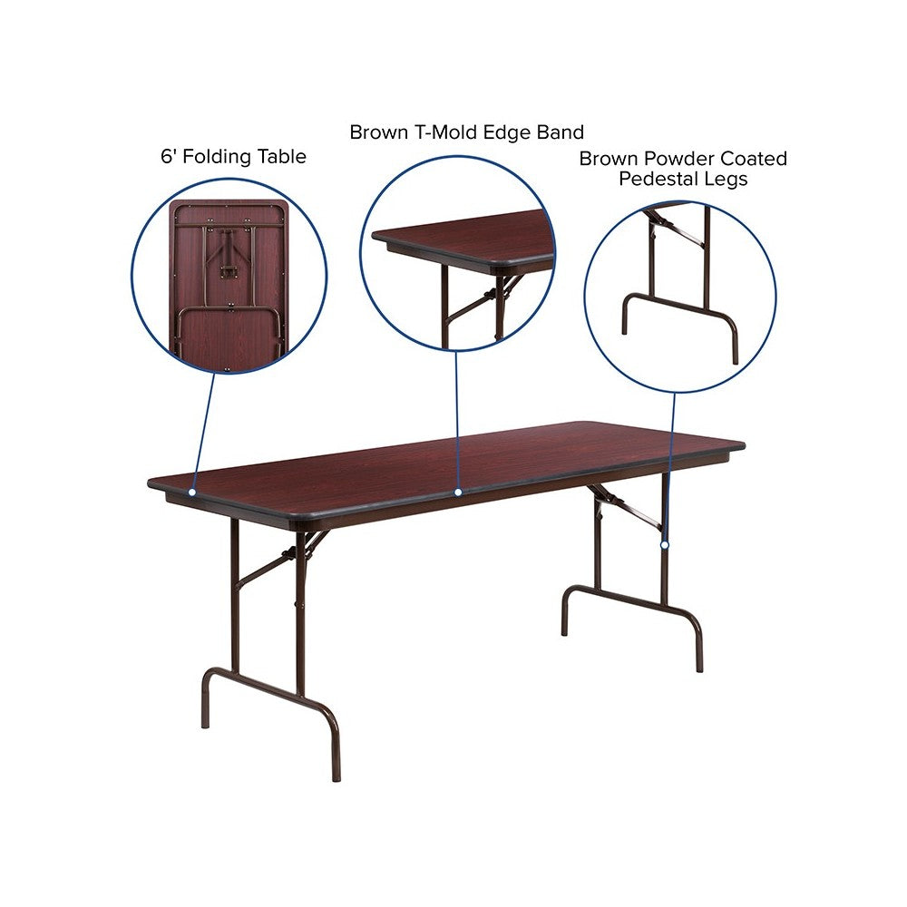 6-Foot Mahogany Melamine Laminate Folding Banquet Table