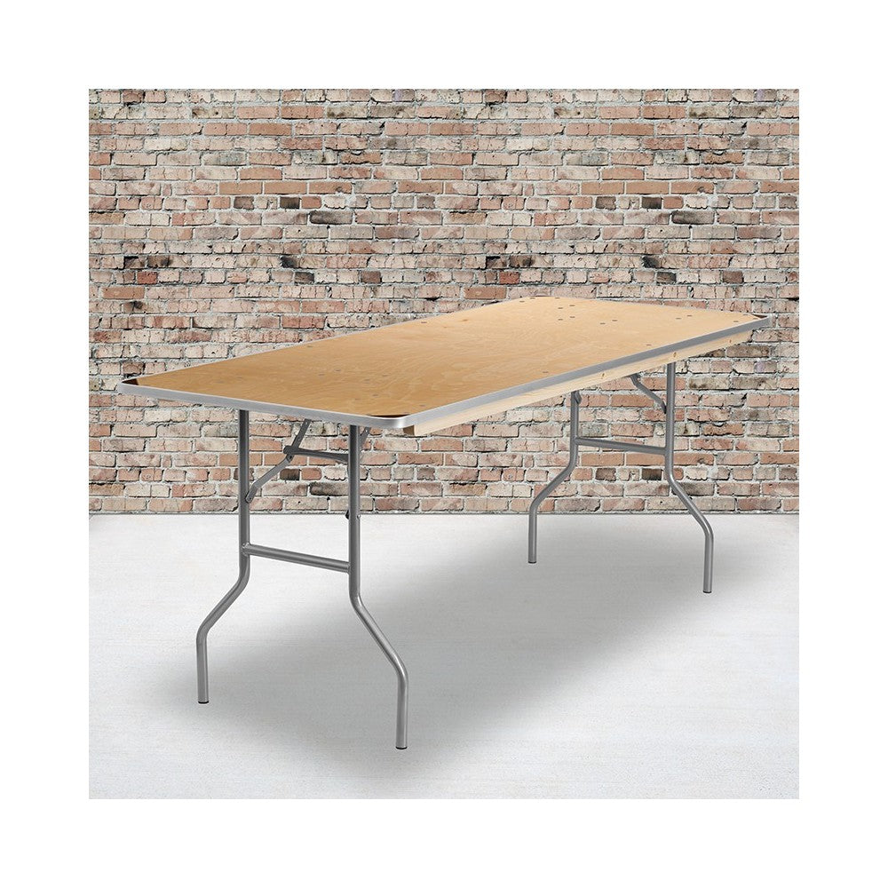 6-Foot Rectangular HEAVY DUTY Birchwood Folding Banquet Table with METAL Edges and Protective Corner Guards