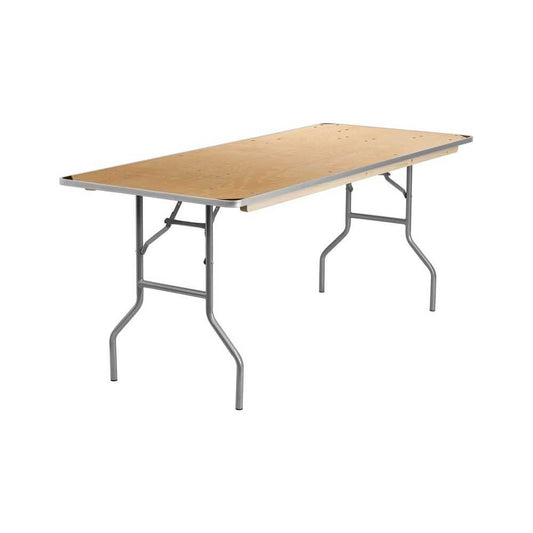 6-Foot Rectangular HEAVY DUTY Birchwood Folding Banquet Table with METAL Edges and Protective Corner Guards