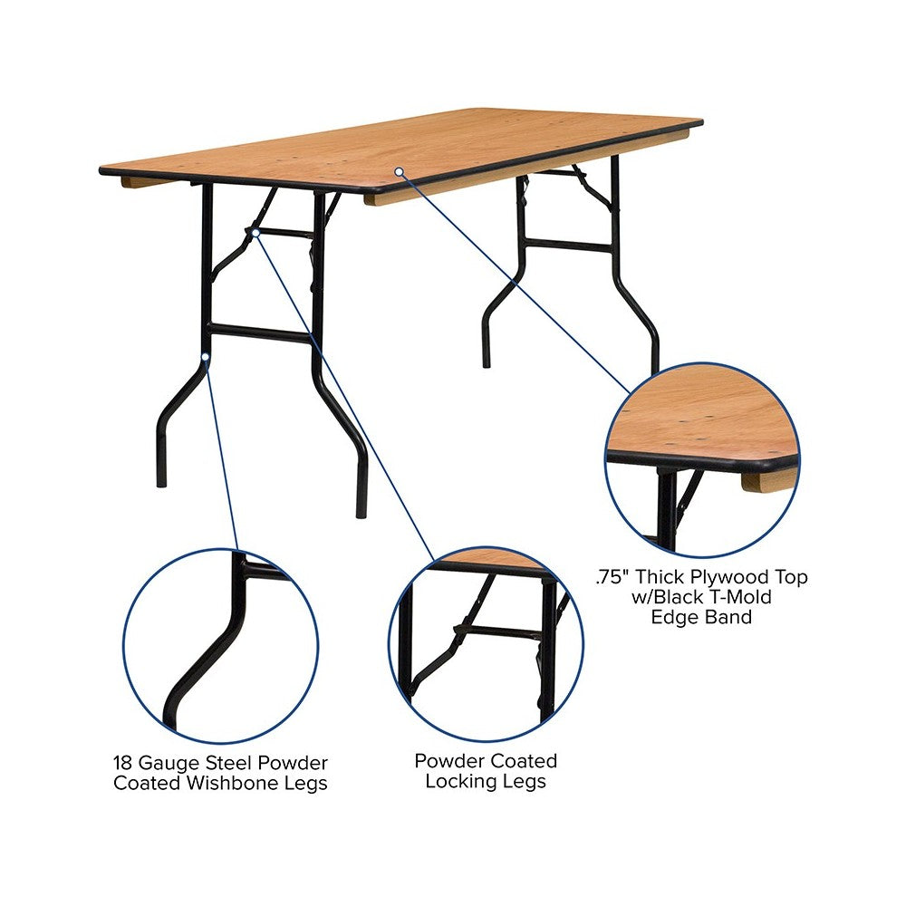 6-Foot Rectangular Wood Folding Banquet Table with Clear Coated Finished Top