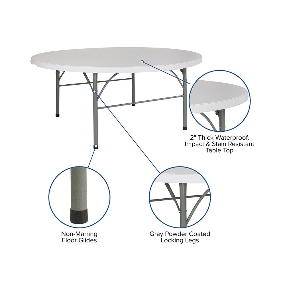 6-Foot Round Bi-Fold Granite White Plastic Banquet and Event Folding Table with Carrying Handle