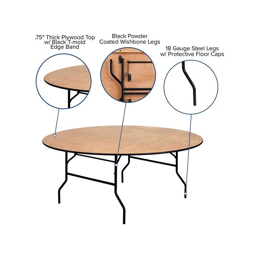 6-Foot Round Wood Folding Banquet Table with Clear Coated Finished Top