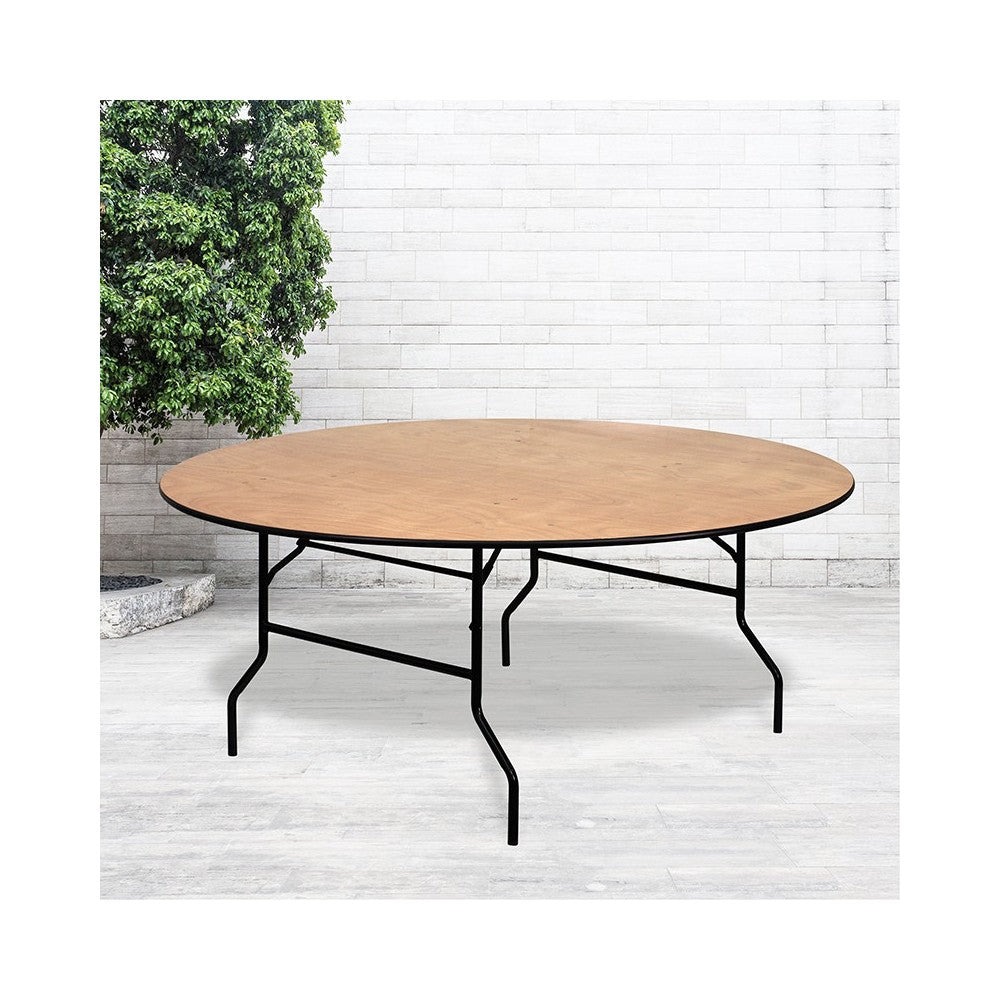 6-Foot Round Wood Folding Banquet Table with Clear Coated Finished Top