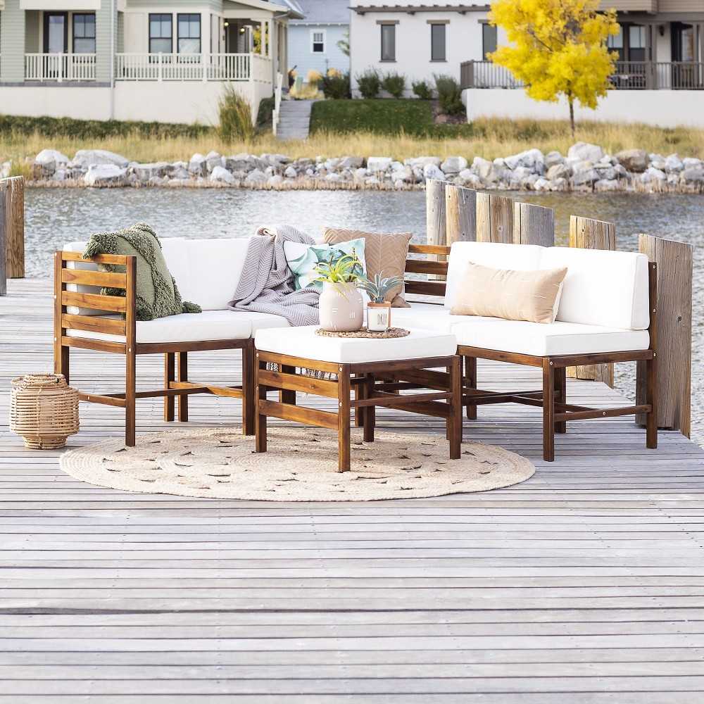 6-Piece Modular Acacia - 5 seat and Ottoman - Dark Brown