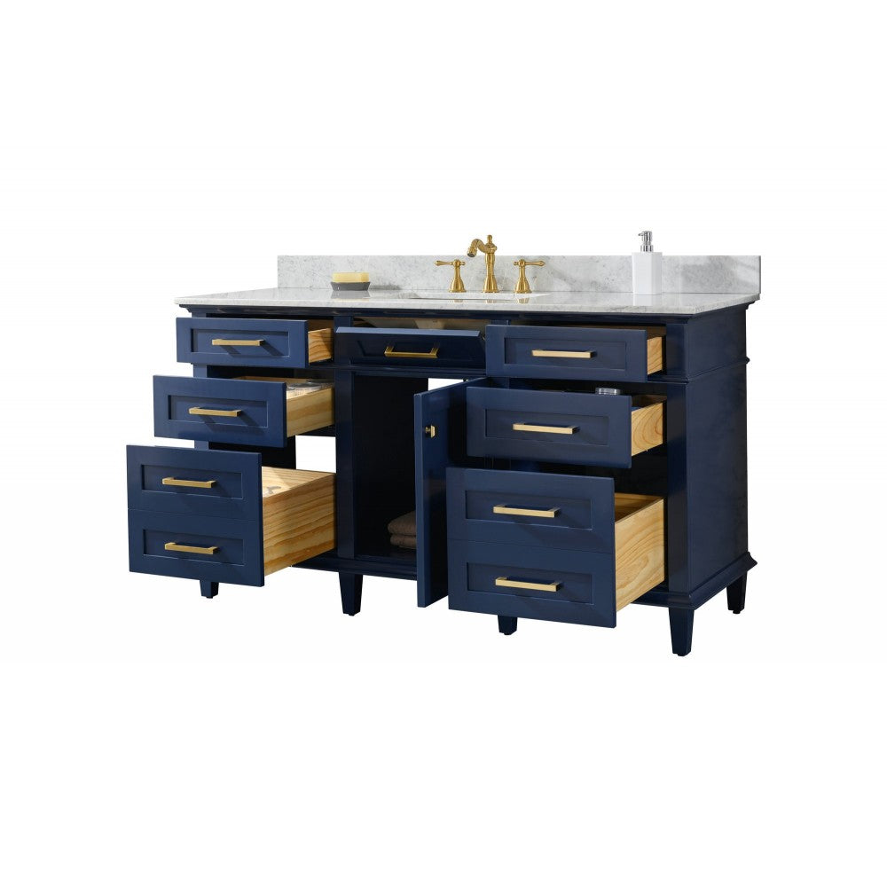 60" Blue Finish Single Sink Vanity Cabinet With Carrara White Top
