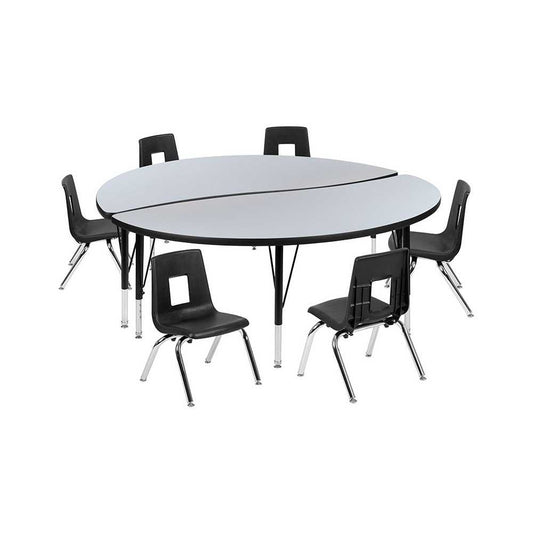 60" Circle Wave Collaborative Laminate Activity Table Set with 12" Student Stack Chairs, Gray/Black