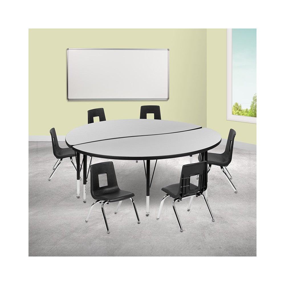 60" Circle Wave Collaborative Laminate Activity Table Set with 12" Student Stack Chairs, Gray/Black