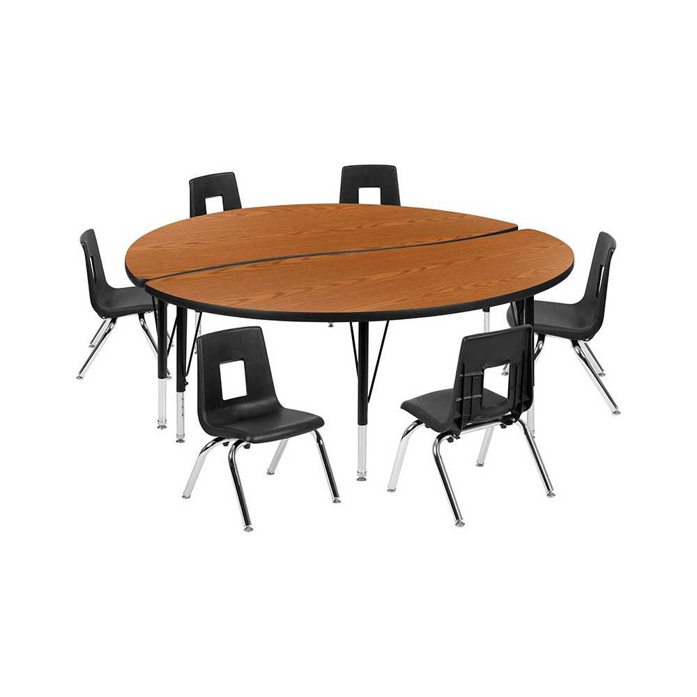 60" Circle Wave Collaborative Laminate Activity Table Set with 12" Student Stack Chairs, Oak/Black