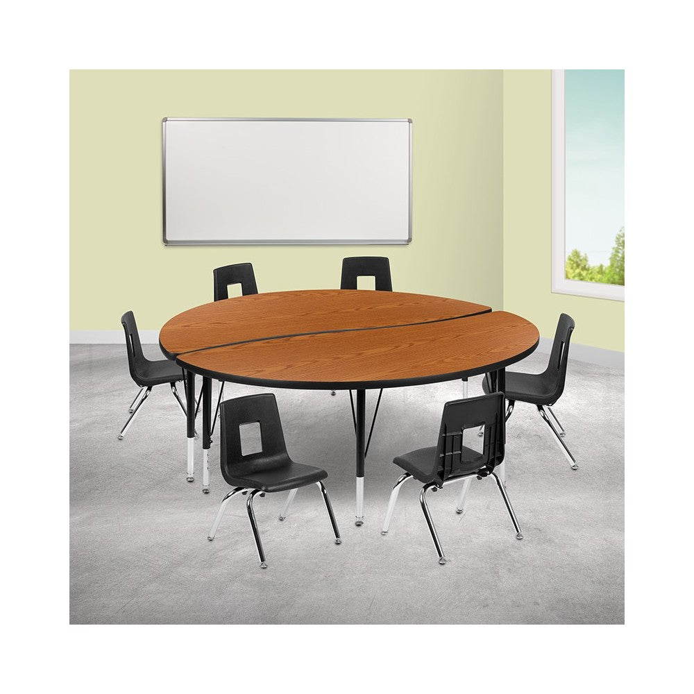 60" Circle Wave Collaborative Laminate Activity Table Set with 12" Student Stack Chairs, Oak/Black