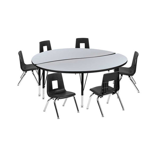 60" Circle Wave Collaborative Laminate Activity Table Set with 14" Student Stack Chairs, Gray/Black