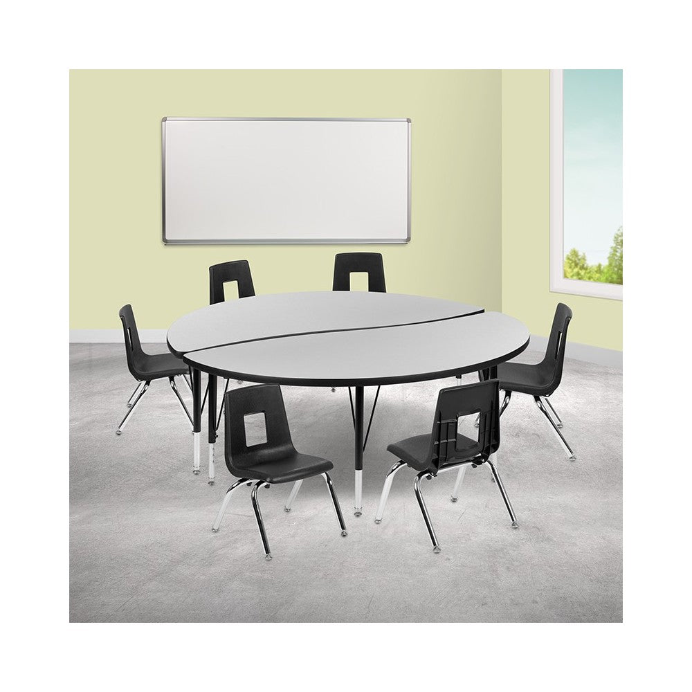 60" Circle Wave Collaborative Laminate Activity Table Set with 14" Student Stack Chairs, Gray/Black