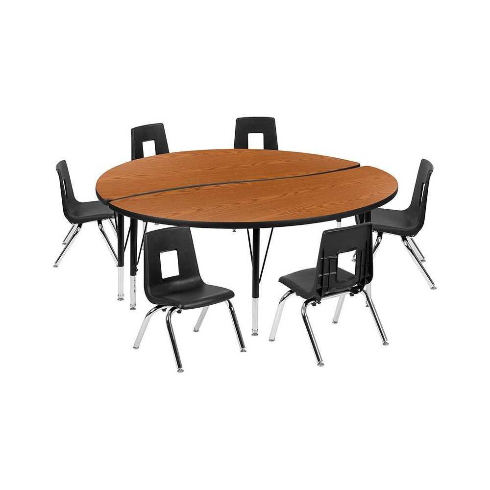 60" Circle Wave Collaborative Laminate Activity Table Set with 14" Student Stack Chairs, Oak/Black