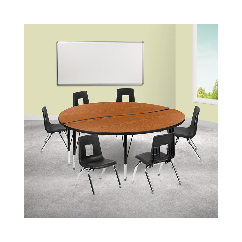 60" Circle Wave Collaborative Laminate Activity Table Set with 14" Student Stack Chairs, Oak/Black