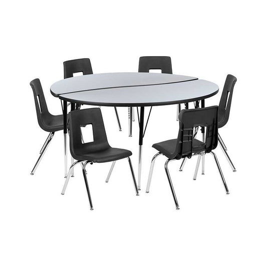 60" Circle Wave Collaborative Laminate Activity Table Set with 16" Student Stack Chairs, Gray/Black