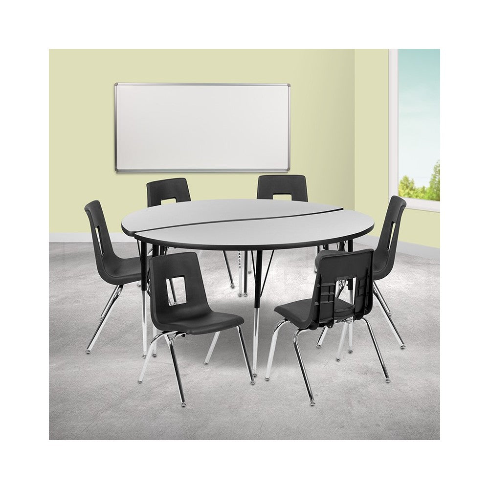 60" Circle Wave Collaborative Laminate Activity Table Set with 16" Student Stack Chairs, Gray/Black