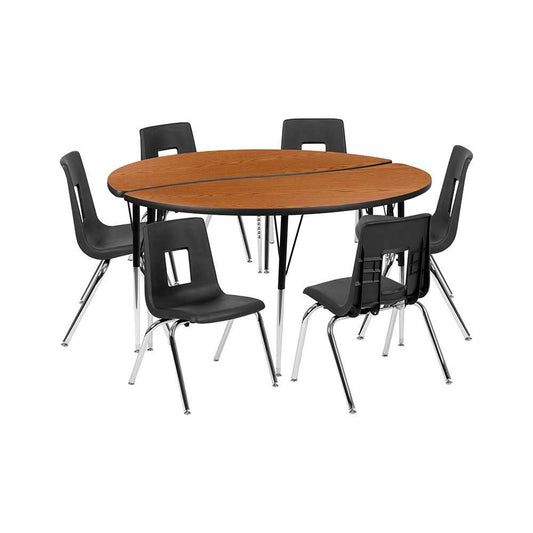 60" Circle Wave Collaborative Laminate Activity Table Set with 16" Student Stack Chairs, Oak/Black